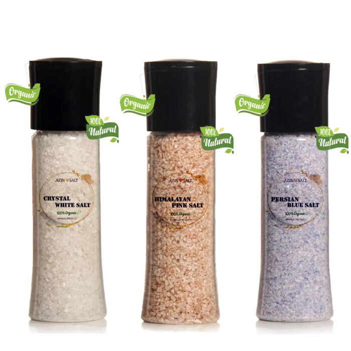 3 types of mineral salt (blue, white, pink) with Salt Mills, 400 grams (14 oz)