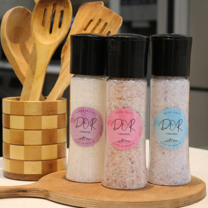 Dor namak, Pink salt, Persian Blue salt and white with a salt mill, 400 grams (14 oz)