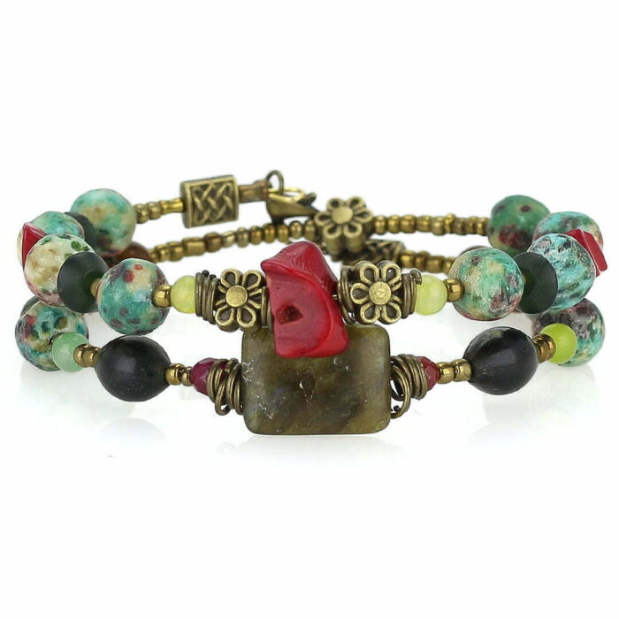 Labradorite, Coral, Shah Maqsood, Turquoise, Tiger's eye and Jade bracelet, Mineral, Boho style