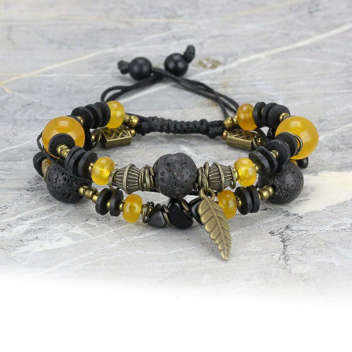 Lava and Yellow Agate and Black Tourmaline bracelet, Mineral, Boho style
