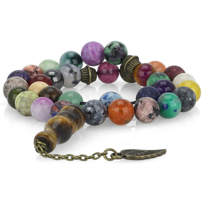 Luxury Real 7 Chakra by 34 types of Stones, Tasbih with 33 Beads, Misbaha, Pendant Tiger's Eye