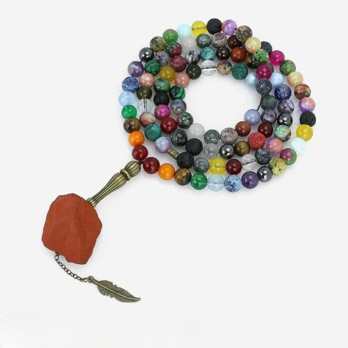 Luxury Real 7 Chakra by 43 types of Stones, Tasbih and Necklace with 101 Beads, Misbaha, Red Jasper Pendant, Stone Therapy