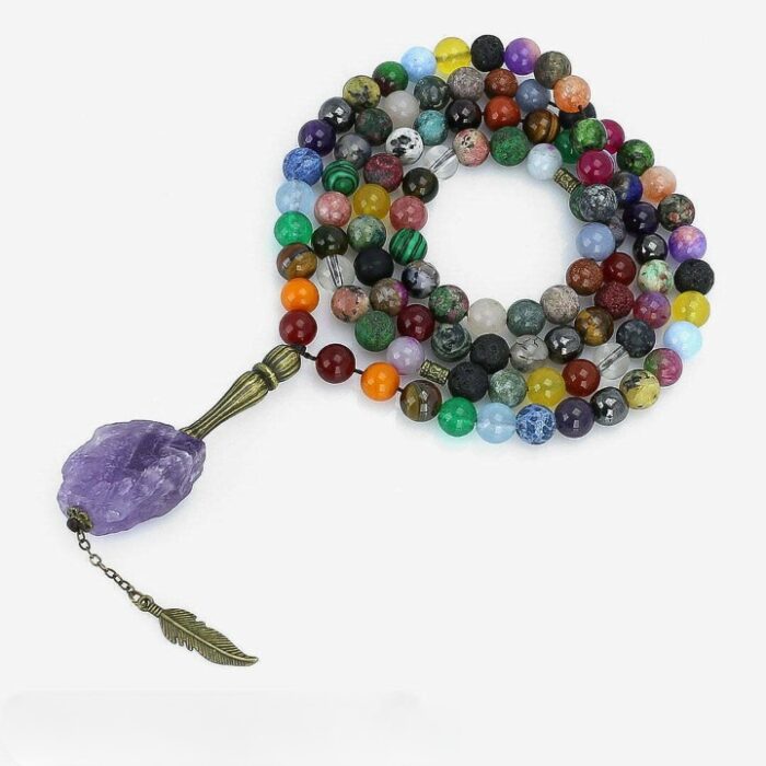 Luxury Real 7 Chakra by 43 types of Stones, Tasbih and Necklace with 101 Beads, Misbaha, Amethyst Pendant, Stone Therapy