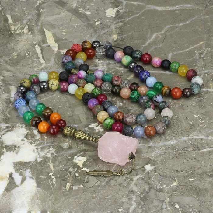 Luxury Real 7 Chakra by 43 types of Stones, Tasbih and Necklace with 101 Beads, Misbaha, Pink Quartz Pendant, Stone Therapy