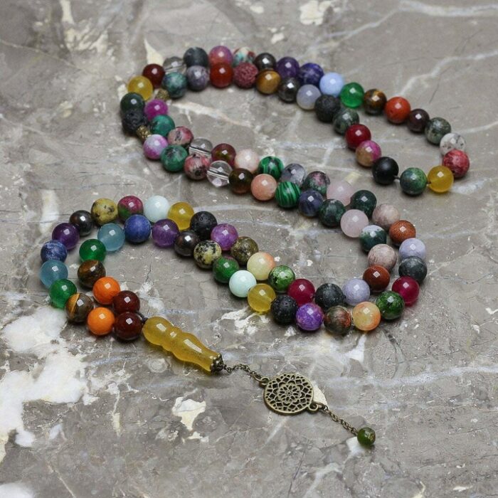 Luxury Real 7 Chakra by 43 types of Stones, Tasbih and Necklace with 101 Beads, Misbaha, Sharaf al Shams Pendant, Stone Therapy