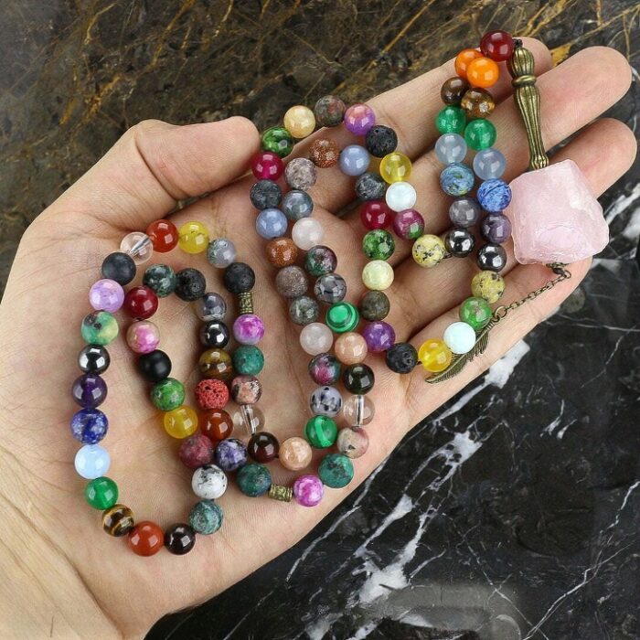 Luxury Real 7 Chakra by 43 types of Stones, Tasbih and Necklace with 101 Beads, Misbaha, Pink Quartz Pendant, Stone Therapy