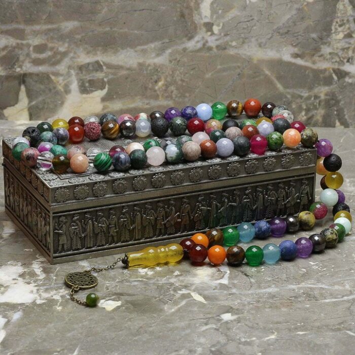 Luxury Real 7 Chakra by 43 types of Stones, Tasbih and Necklace with 101 Beads, Misbaha, Sharaf al Shams Pendant, Stone Therapy