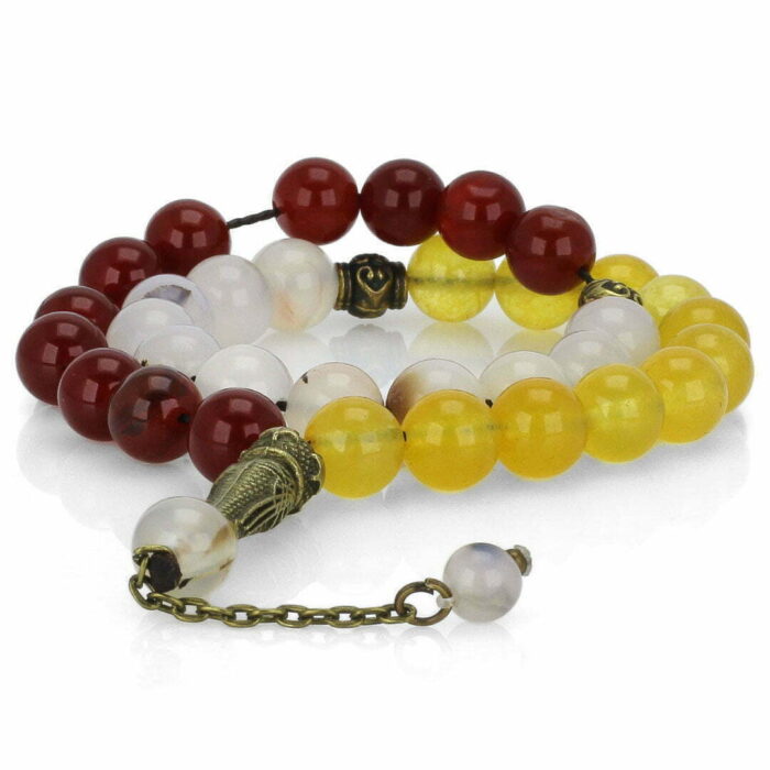 Mix of Red & Yellow, White Agate luxury Tasbih with 33 Beads, Misbaha