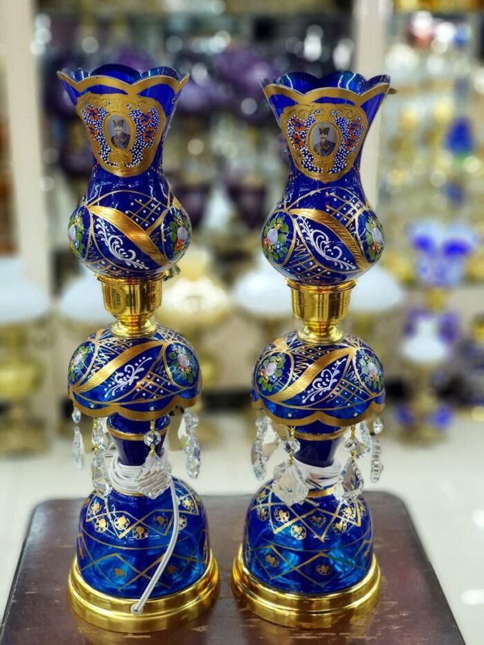 Pair of Blue Shah Abbasi Laleh & Toranj Candlestick