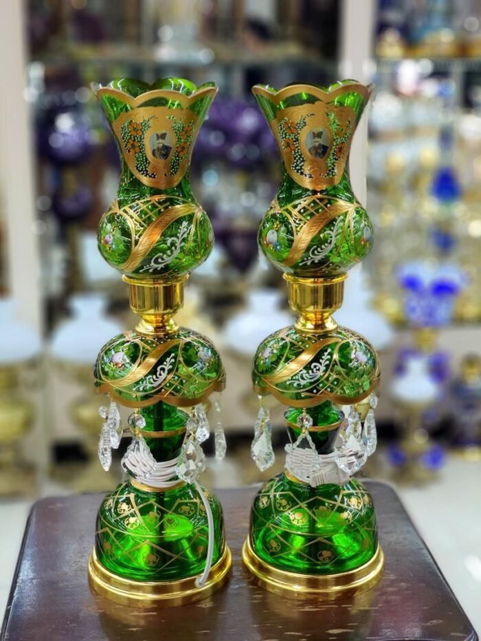 Pair of Green Shah Abbasi Laleh & Toranj Candlestick