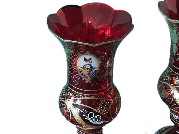 Pair of Red Shah Abbasi Laleh & Toranj Candlestick
