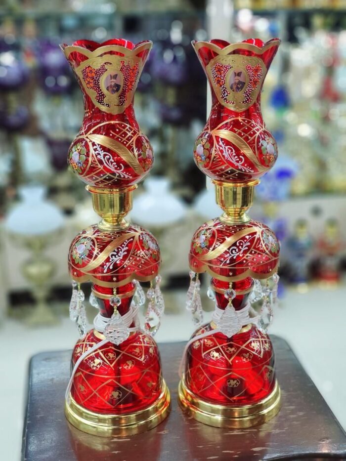 Pair of Red Shah Abbasi Laleh & Toranj Candlestick