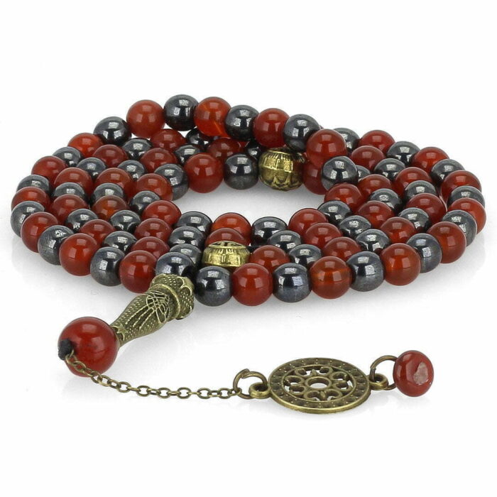 Real Red Agate and Hadid (Hematite) luxury Tasbih and Necklace with 101 Beads, Misbaha, Natural Healing Gemstone