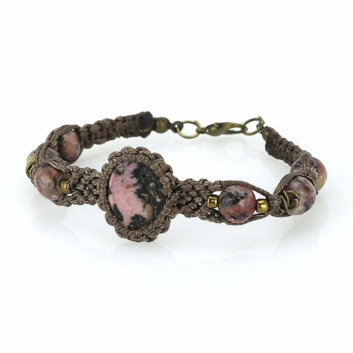 Real Rhodonite Beautiful Bracelet, Excellent Quality, Free Size, with Handmade Macrame Texture