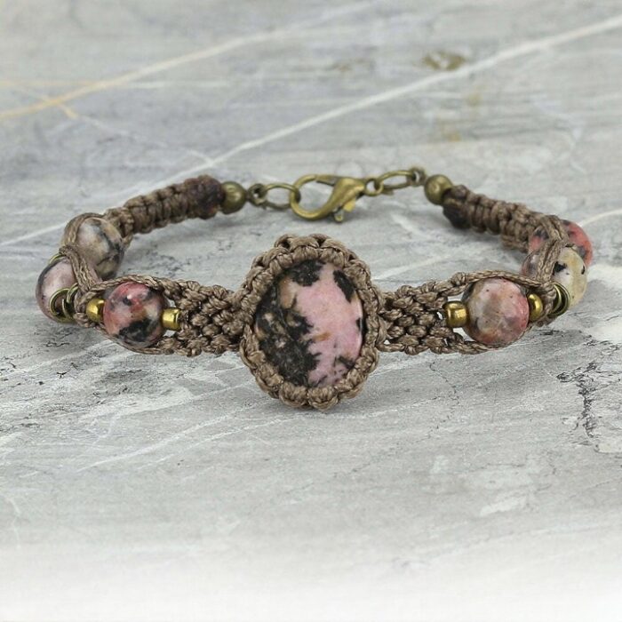 Real Rhodonite Beautiful Bracelet, Excellent Quality, Free Size, with Handmade Macrame Texture