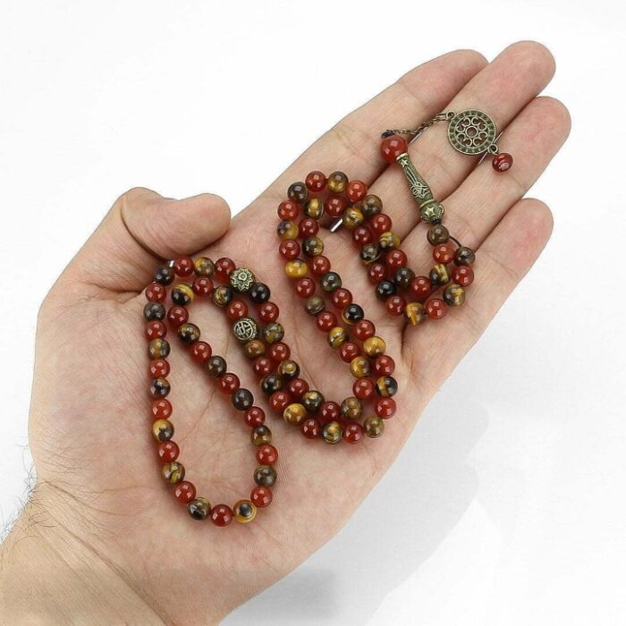 Real Tiger Eye and Red Agate Tasbih and Necklace with 101 Beads, Misbaha, Natural Healing Gemstone