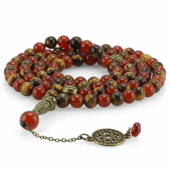 Real Tiger Eye and Red Agate Tasbih and Necklace with 101 Beads, Misbaha, Natural Healing Gemstone