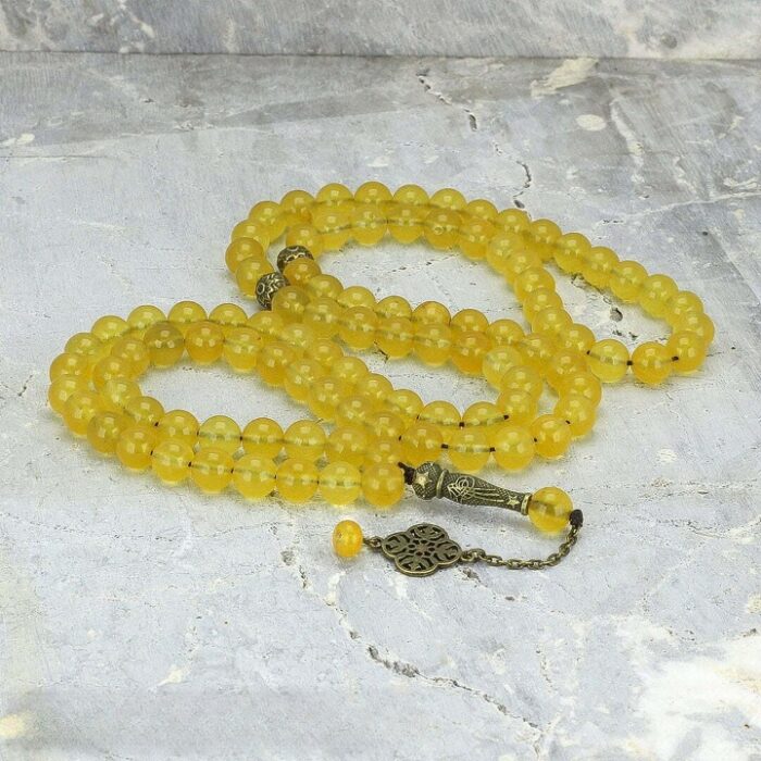 Real Yellow Agate (Sharaf al Shams) Tasbih and Necklace with 101 Beads, Misbaha, Natural Healing Gemstone