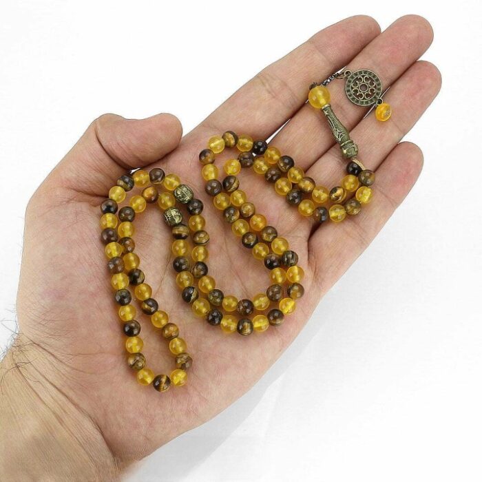 Real Tiger Eye and Yellow Agate (Sharaf Al Shams) Tasbih and Necklace with 101 Beads, Misbaha, Natural Healing Gemstone
