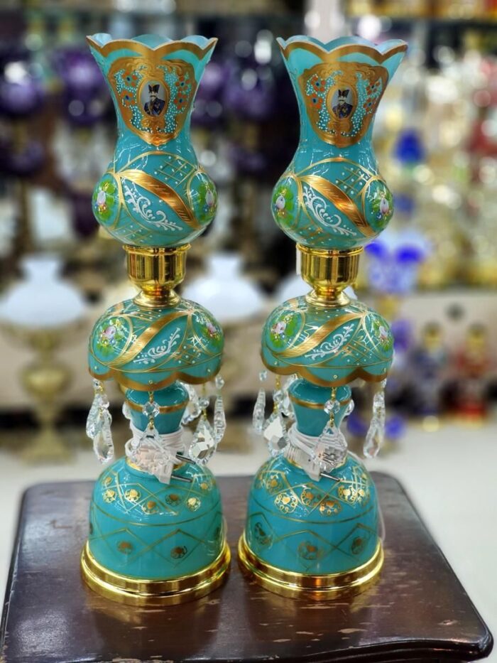 Pair of Turquoise blue Shah Abbasi Laleh & Toranj Candlestick 02