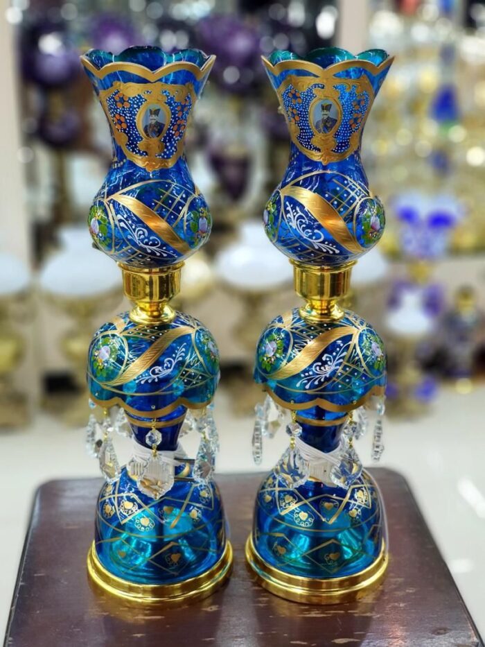 Pair of Pale blue Shah Abbasi Laleh & Toranj Candlestick