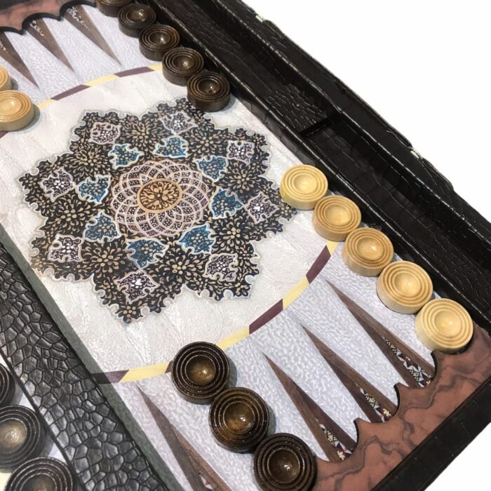Leather backgammon board and inlay with beads