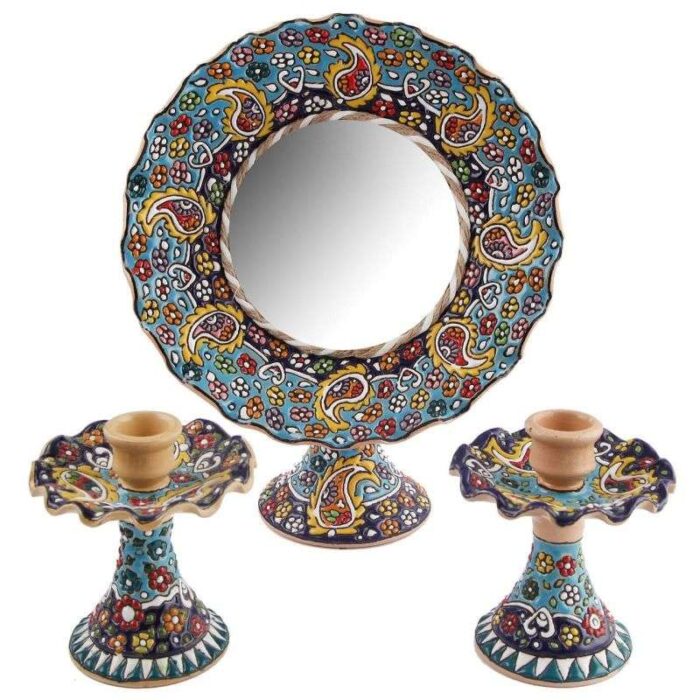 Miscellany / Misc enameling There are 3 pieces of enameled mirrors and candlesticks code 25