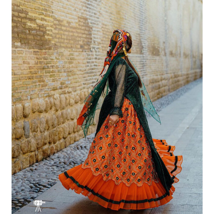 Orange Dress and green Scarf Iranian Traditional Dress for Women, Handmade, Free size