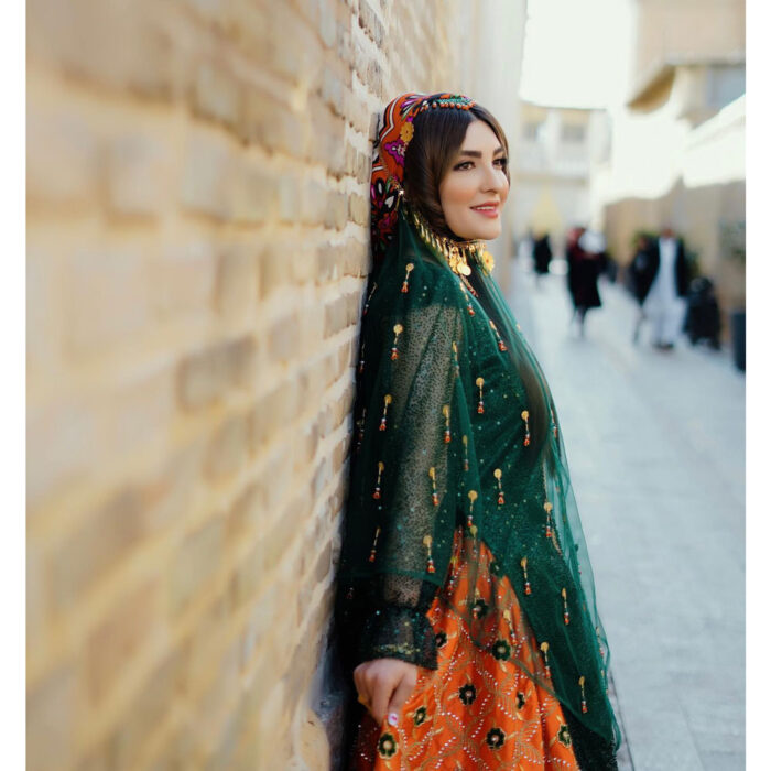 Orange Dress and green Scarf Iranian Traditional Dress for Women, Handmade, Free size