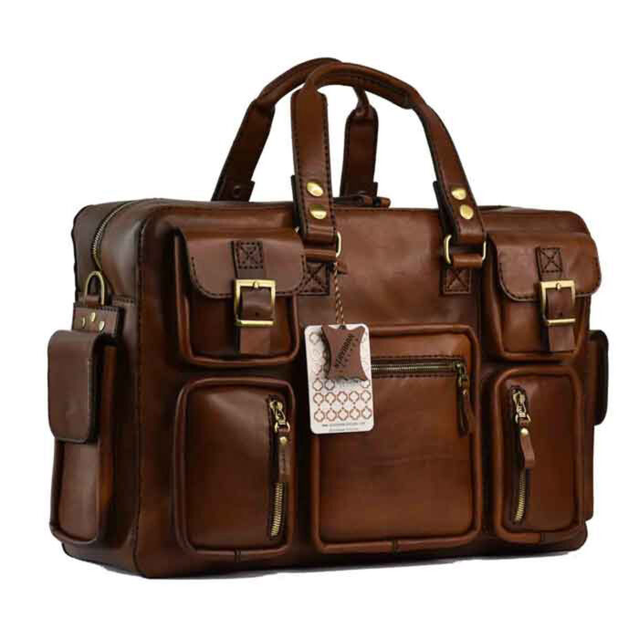 Handmade Natural Brown leather bag for Travel, Pablo model