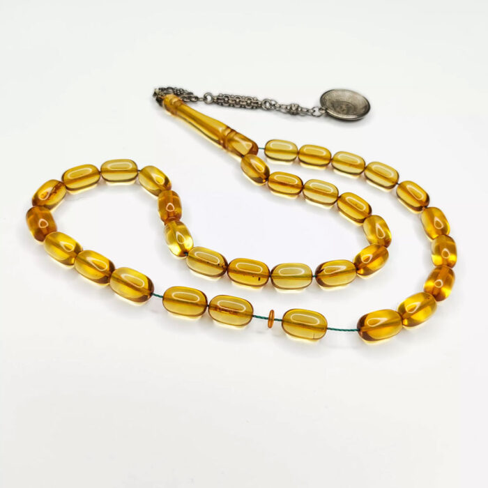 Real yellow Amber (Kerba) Tasbeeh 33 Beads with silver handle