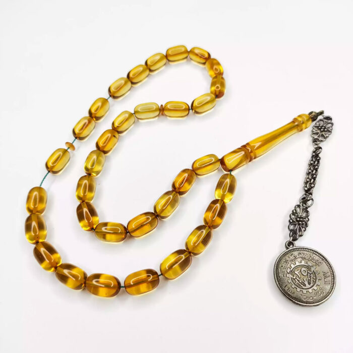 Real yellow Amber (Kerba) Tasbeeh 33 Beads with silver handle