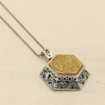 Imam Javad (a.s.) amulet necklace, silver, hexagonal design, Ayat al-Kursi + Imam Hossein (a.s.) amulet