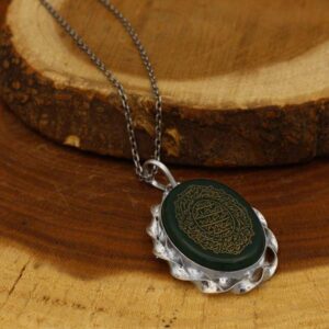 Men’s and women’s hand-made green agate necklace with ivy design + amulet of Imam Javad (AS) + Ayatul Kursi