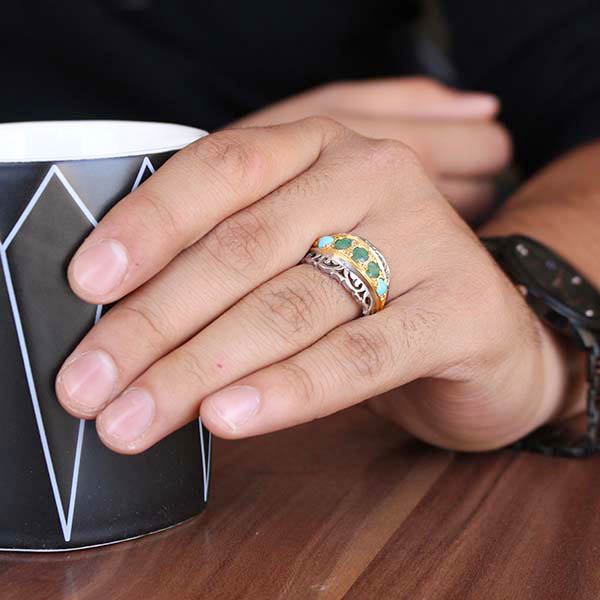 Men’s handmade multi-stone silver ring with Fattah design