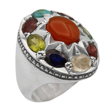 Men’s silver multi-stone ring, handmade, Fakher Mubarak design