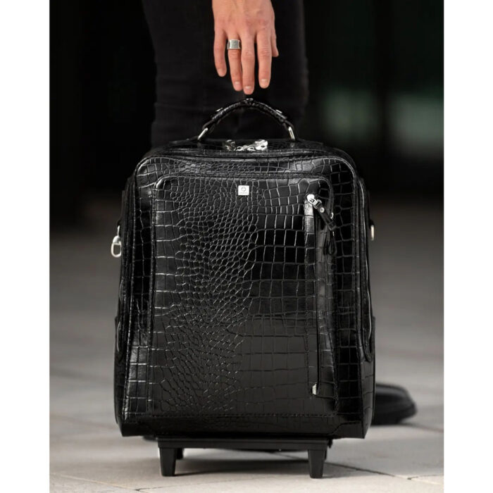 Handmade Natural Black Leather Suitcase for Travel, Nelson model