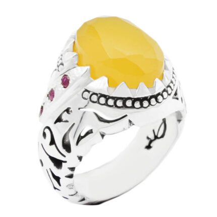 Sharaf Shams handmade silver men’s ring, handmade by Fakher Afshar, decorated with red ruby ​​+ engraving