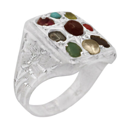 Women’s and men’s multi-stone silver ring, handmade by Farhamand design + amulet of Imam Javad (AS)