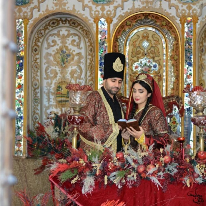 Traditional Iranian wedding dress set with termeh and Qajari design