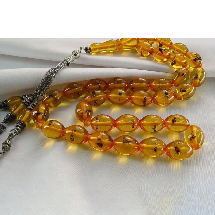 Yellow Insect Sandalus (Sandalwood) 33 beads Tasbih with Fly Fossil