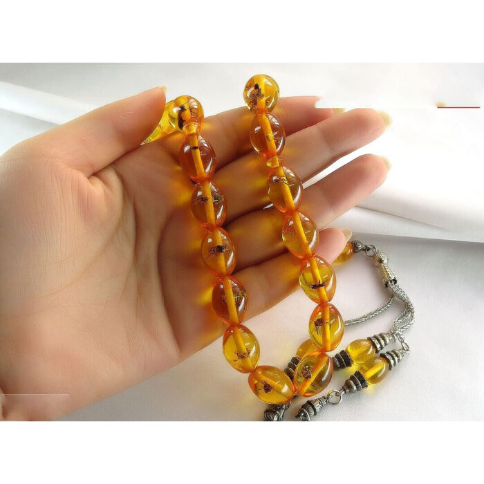 Yellow Insect Sandalus (Sandalwood) 33 beads Tasbih with Fly Fossil