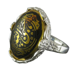 Women's Silver Ring with Black & Gold Hadid (Hematite) and Engraved Hasbi Allah