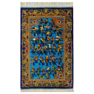 Handmad “Forty Parrots” Design Silk Rug – Zar'-o-Chark, Blue Field, 120×80 cm