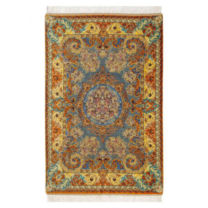 Handmade Qom Full Silk Rug – Lachak Toranj Pattern, Blue Field, 100×150 cm