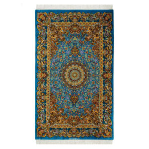 Handwoven Full Silk Rug Silk Rug – Toranj Pattern, Blue Background, 100×150 cm