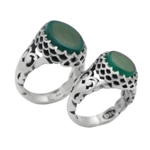 Green Agate Silver Ring Set – Sotoudeh Design with Imam Jawad’s & Ayat al-Kursi