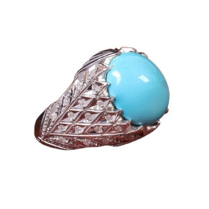 36 Moissanites Mirror Inlay, Filigree Silver Ring with Turquoise Gem