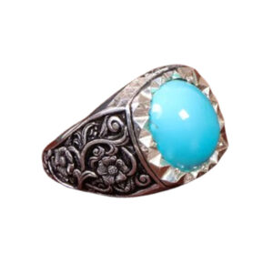Bold Men’s Ring with Floral Engraving – Pure Ajami Turquoise, Heavy Silver Frame