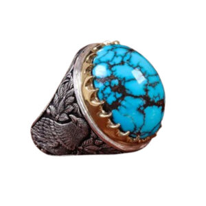 Bold Men’s Ring with Nishapuri Shajari Turquoise – Handmade Ghalam Zani Art